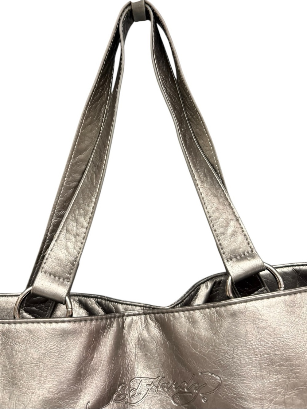 Ed Hardy Metallic Silver Tote with Skull Chain Accent Oversized Large Tote Bag - Picture 5 of 17